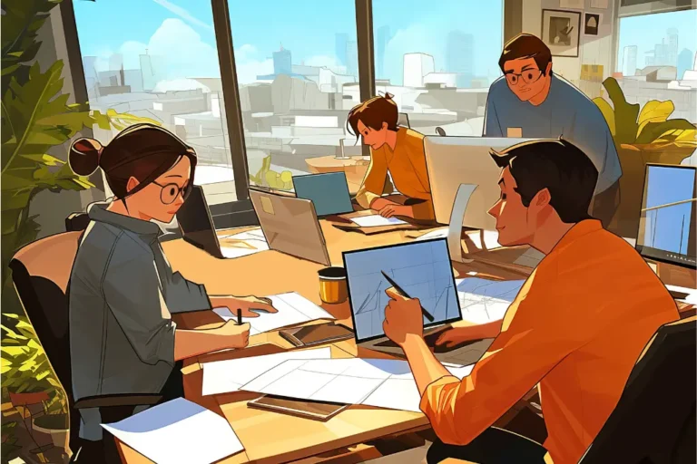 a group of people sitting around a table with laptops and papers